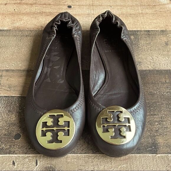 Tory Burch Mini Leather Travel Dark Brown and Gold Ballet Flats Size 5.5M - Picture 5 of 10